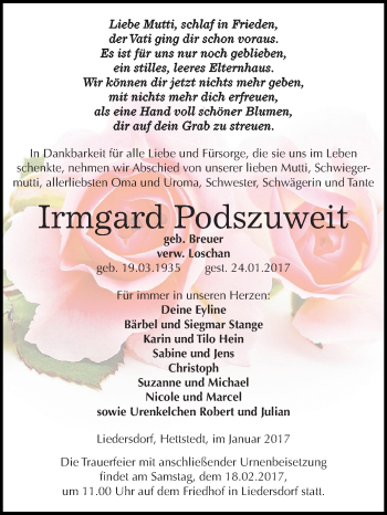 Traueranzeige von Irmgard Podszuweit von Super Sonntag SGH Mansf. Land