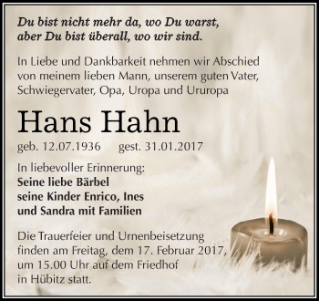 Traueranzeige von Hans Hahn von Super Sonntag SGH Mansf. Land