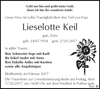 Traueranzeige von Lieselotte Keil von WVG - Wochenspiegel NMB / WSF / ZTZ