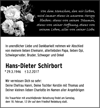 Traueranzeige von Hans-Dieter Schirbort von Mitteldeutsche Zeitung Halle/Saalkreis