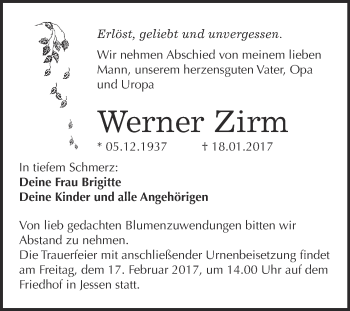 Traueranzeige von Werner Zirm von Super Sonntag Wittenberg
