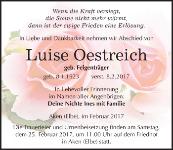 Traueranzeige von Luise Oestreich von Mitteldeutsche Zeitung Köthen