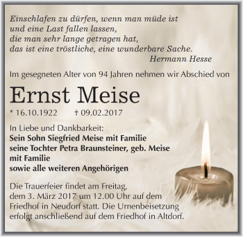 Traueranzeige von Ernst Meise von Mitteldeutsche Zeitung Mansfelder Land