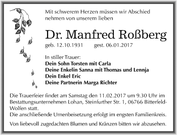 Traueranzeige von Manfred Roßberg von Mitteldeutsche Zeitung Bitterfeld