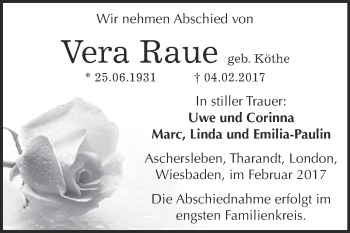 Traueranzeige von Vera Raue von Super Sonntag SGH Mansf. Land