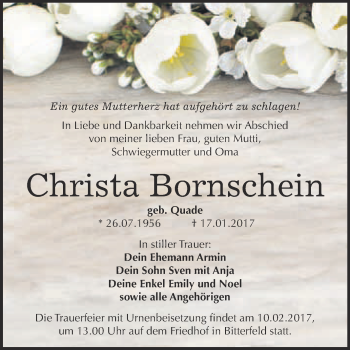 Traueranzeige von Christa Bornschein von WVG - Wochenspiegel Bitterfeld