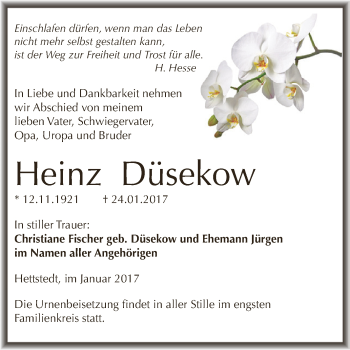 Traueranzeige von Heinz Düsekow von Super Sonntag SGH Mansf. Land