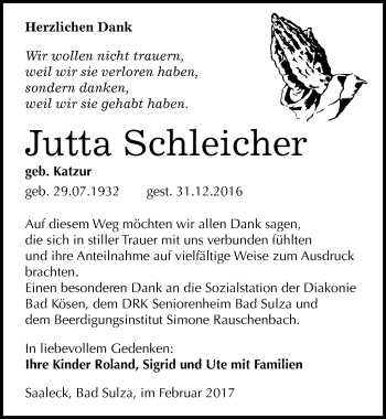 Traueranzeige von Jutta Schleicher von Mitteldeutsche Zeitung Naumburg/Nebra