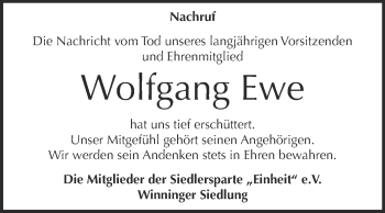 Traueranzeige von Wolfgang Ewe von Super Sonntag SGH Mansf. Land