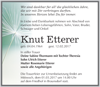 Traueranzeige von Knut Etterer von Mitteldeutsche Zeitung Merseburg/Querfurt