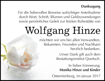 Traueranzeige von Wolfgang Hinze von WVG - Wochenspiegel Dessau / Köthen