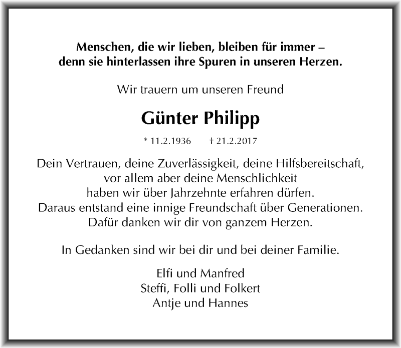  Traueranzeige für Günter Philipp vom 25.02.2017 aus Mitteldeutsche Zeitung Merseburg/Querfurt