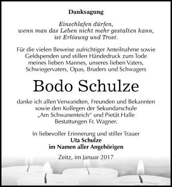 Traueranzeige von Bodo Schulze von Mitteldeutsche Zeitung Zeitz