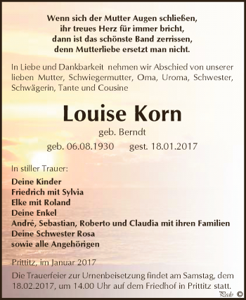 Traueranzeige von Louise Korn von WVG - Wochenspiegel NMB / WSF / ZTZ