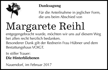 Traueranzeige von Margarethe Reihl von Mitteldeutsche Zeitung Mansfelder Land