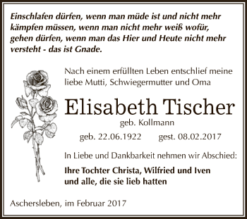 Traueranzeige von Elisabeth Tischer von Super Sonntag SGH Mansf. Land