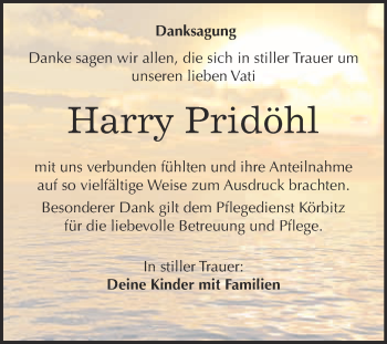 Traueranzeige von Harry Pridöhl von WVG - Wochenspiegel Bitterfeld