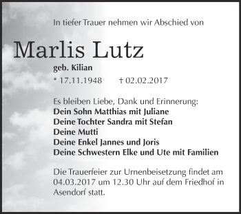 Traueranzeige von Marlis Lutz von Super Sonntag Wittenberg