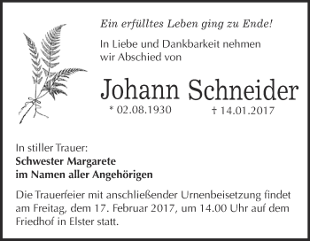 Traueranzeige von Johann Schneider von Super Sonntag Wittenberg