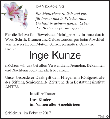 Traueranzeige von Inge Kunze von Mitteldeutsche Zeitung Zeitz