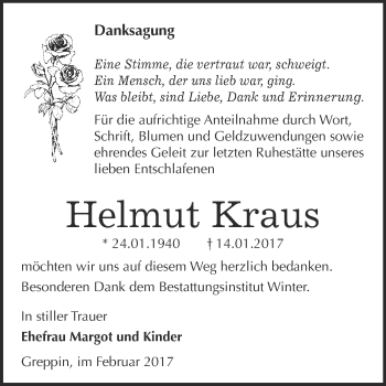 Traueranzeige von Helmut Kraus von WVG - Wochenspiegel Bitterfeld