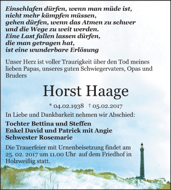 Traueranzeige von Horst Haage von WVG - Wochenspiegel Bitterfeld