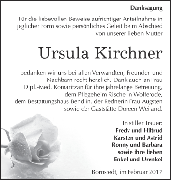 Traueranzeige von Ursula Kirchner von Super Sonntag SGH Mansf. Land