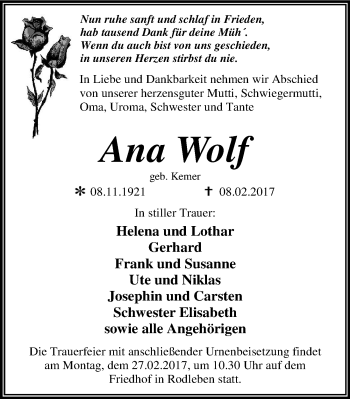 Traueranzeige von Ana Wolf von Mitteldeutsche Zeitung Dessau-Roßlau