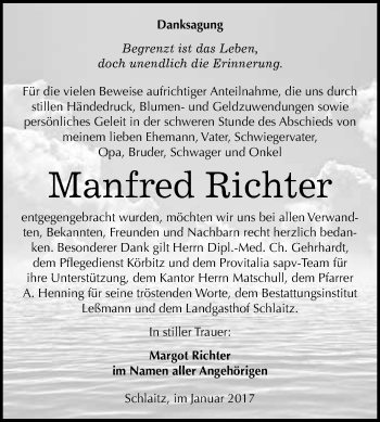 Traueranzeige von Manfred Richter von WVG - Wochenspiegel Bitterfeld