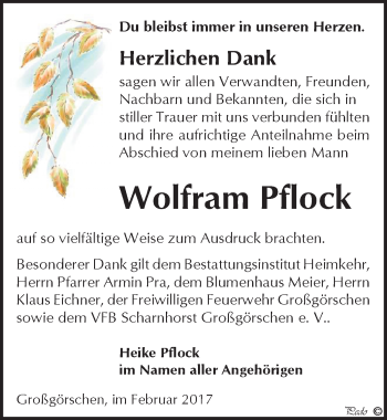Traueranzeige von Wolfram Pflock von Mitteldeutsche Zeitung Weißenfels