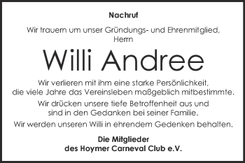 Traueranzeige von Willi Andree von Super Sonntag SGH Mansf. Land