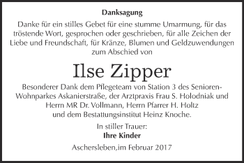Traueranzeige von Ilse Zipper von Super Sonntag SGH Mansf. Land
