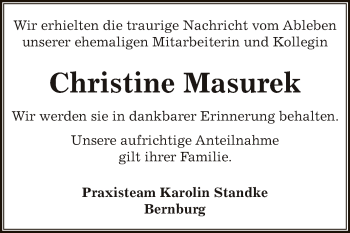 Traueranzeige von Christine Masurek von Super Sonntag Bernburg