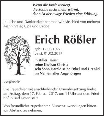 Traueranzeige von Erich Rößler von WVG - Wochenspiegel NMB / WSF / ZTZ