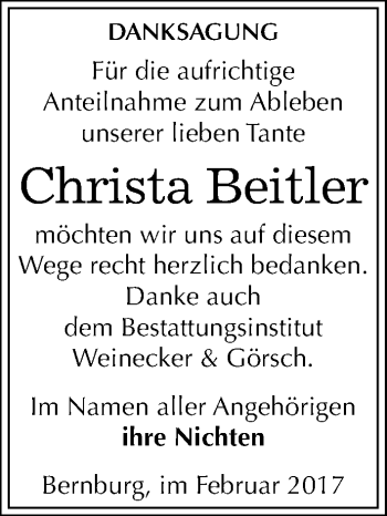 Traueranzeige von Christa Beitler von Mitteldeutsche Zeitung Bernburg