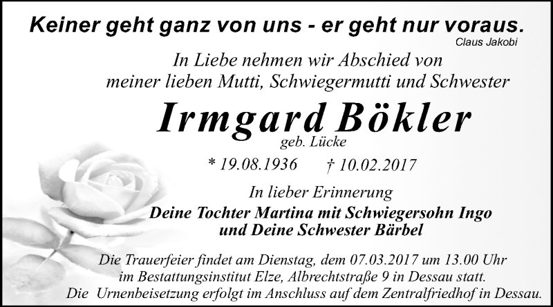  Traueranzeige für Irmgard Bökler vom 18.02.2017 aus WVG - Wochenspiegel Dessau / Köthen