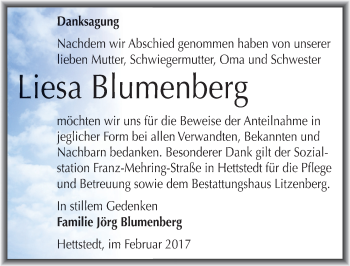 Traueranzeige von Liesa Blumenberg von Mitteldeutsche Zeitung Mansfelder Land