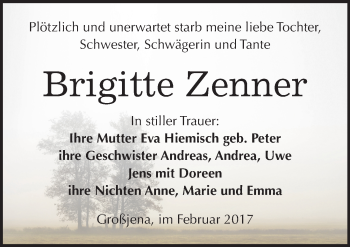 Traueranzeige von Brigitte Zenner von Mitteldeutsche Zeitung Naumburg/Nebra