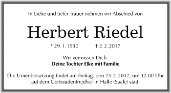Traueranzeige von Herbert Riedel von Mitteldeutsche Zeitung Halle/Saalkreis