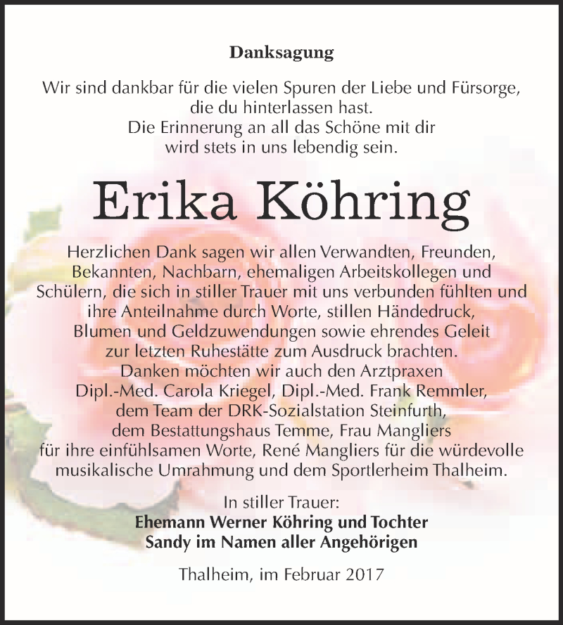  Traueranzeige für Erika Köhring vom 22.02.2017 aus WVG - Wochenspiegel Bitterfeld