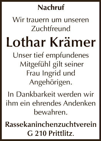 Traueranzeige von Lothar Krämer von WVG - Wochenspiegel NMB / WSF / ZTZ