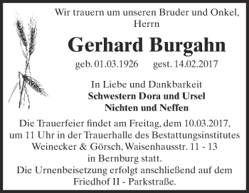 Traueranzeige von Gerhard Burgahn von Super Sonntag Bernburg