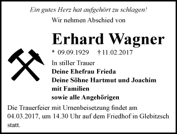 Traueranzeige von Erhard Wagner von Mitteldeutsche Zeitung Bitterfeld