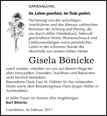Traueranzeige von Gisela Bönicke von Mitteldeutsche Zeitung Aschersleben