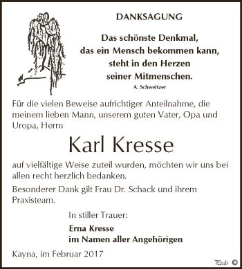 Traueranzeige von Karl Kresse von Super Sonntag Zeitz