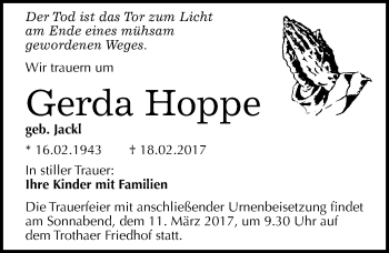Traueranzeige von Gerda Hoppe von Mitteldeutsche Zeitung Halle/Saalkreis