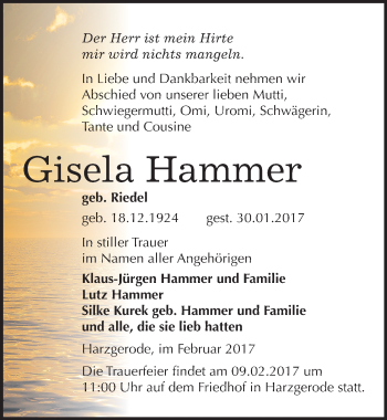 Traueranzeige von Gisela Hammer von Mitteldeutsche Zeitung Quedlinburg