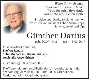 Traueranzeige von Günther Darius von Super Sonntag Quedlinburg