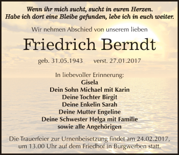Traueranzeige von Friedrich Berndt von Mitteldeutsche Zeitung Weißenfels