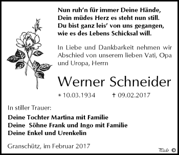 Traueranzeige von Werner Schneider von Mitteldeutsche Zeitung Weißenfels
